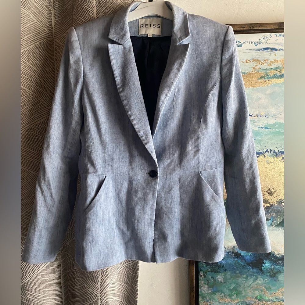 REISS Linen Blend Blazer Single Button Blazer Maddy Rye Light Blue Size Large